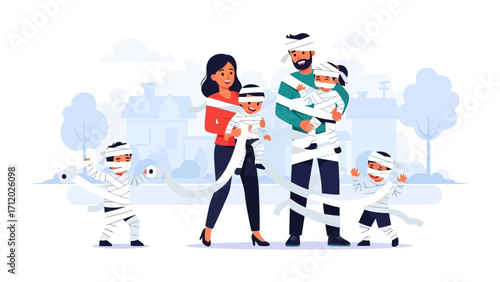 Mummy Family: A cartoon family wrapped in toilet paper in front of the town. Reflecting humor, Halloween, and home. 