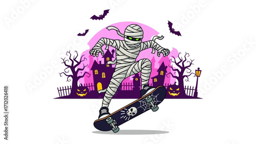Spooky Skateboarding Mummy: An illustration of a skateboarding mummy doing an action trick in front of a cartoon spooky background.