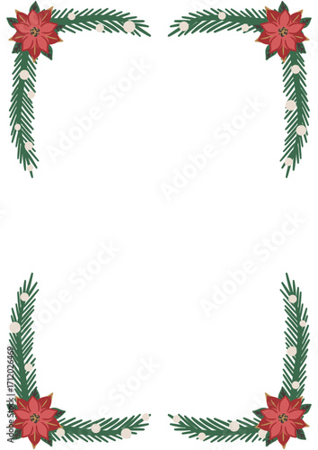 Christmas floral frame with red poinsettia flowers and pine branches decorated with snow. Hand drawn festive border template with place for text. Winter holiday and Christmas celebration vector design