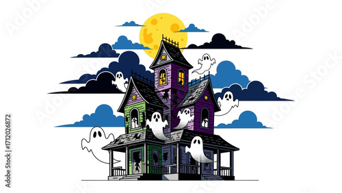 Spooky House in Halloween: A creatively illustrated spooky house, complete with ghostly apparitions, under a vibrant moonlit sky during a festive Halloween celebration. 
