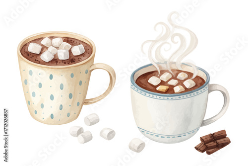 Watercolor Hot Chocolate Mug with Marshmallows vector illustration isolated on white background