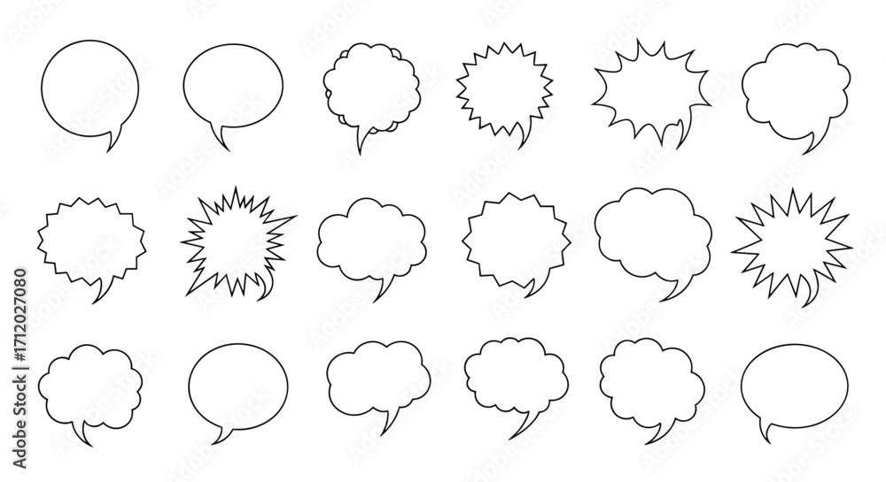 Fototapeta premium A collection of various hand-drawn speech bubble shapes with a distressed texture in black and white.