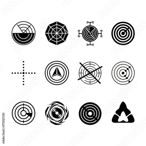 Minimalist black and white vector icons for radar, target, and abstract data tracking designs