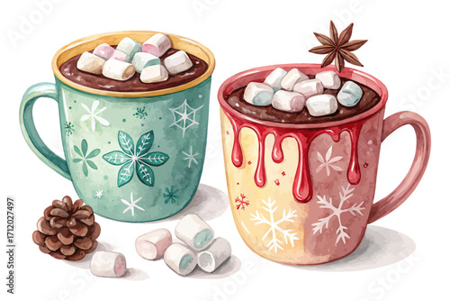 Watercolor Hot Chocolate Mug with Marshmallows vector illustration isolated on white background