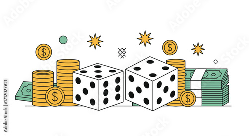 The thrill of the gamble and the pursuit of fortune represented by dice and money.