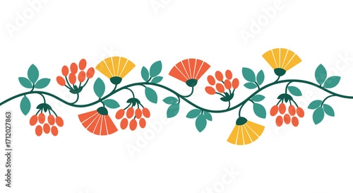 Decorative floral vine with berries and fan shaped flowers.