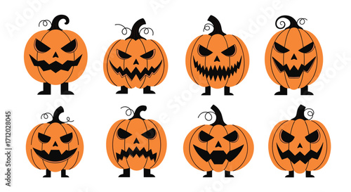 A collection of eight spooky and scary carved jack o lantern pumpkins in various frightening expressions for Halloween night.