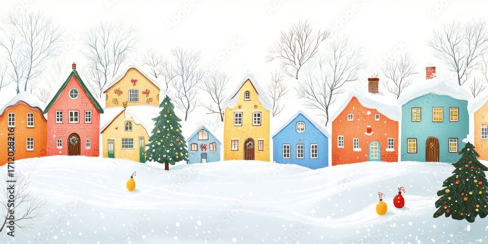 Fototapeta premium Colorful snow-covered village with festive decor and bare trees in winter landscape