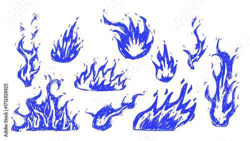 Set of blue doodle flame. Pen ink various fire element. Isolated vector illustration.