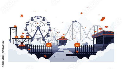 Amusement Park: A festive illustration showcasing an amusement park scene, adorned with Halloween pumpkins, Ferris wheel, and roller coaster. Capturing a joyful atmosphere. 