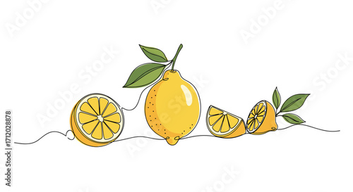 Fresh lemons artfully arranged with leaves and slices on a white background.