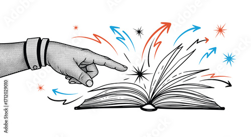 A magical open book with a hand pointing and colorful arrows indicating creativity and imagination.