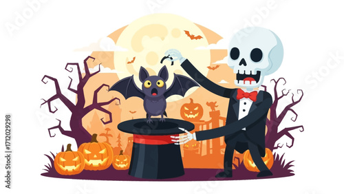 Enchanting Halloween Night: A whimsical illustration features a skeleton magician presenting a startled bat from a top hat, amidst the spooky ambiance of carved pumpkins and a full moon.