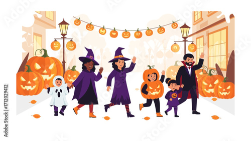 Happy Halloween: An illustration captures the essence of Halloween night as costumed children and adults celebrate a festive holiday, with carved pumpkins and decorations. 