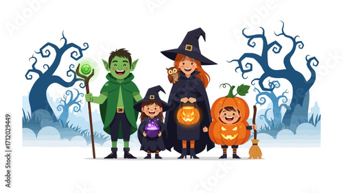 Halloween Gathering: A charming cartoon illustration of a family in delightful Halloween costumes, framed by eerie, stylized trees, evokes a sense of festive excitement and playful spookiness.