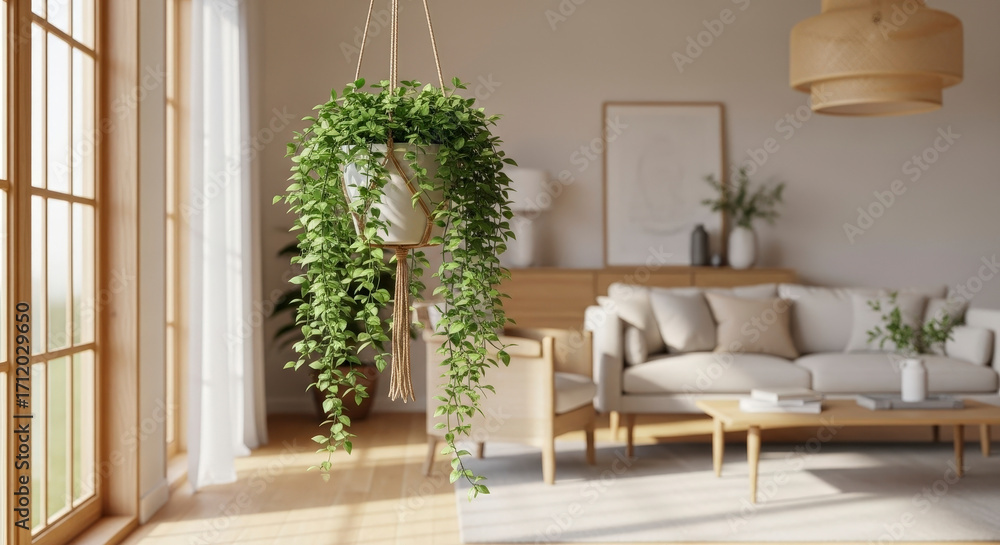 Fototapeta premium Green Potted Plant Hanging in Bright Living Room with Natural Light and Wooden Accents Minimalist Interior Design