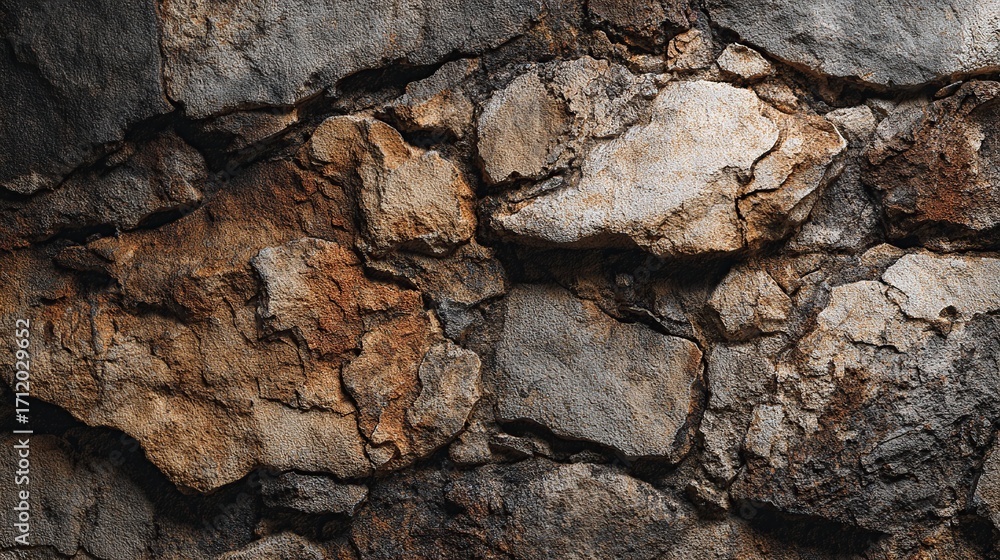 Fototapeta premium Rough stone wall with mixed colored rocks, textures and varied sizes