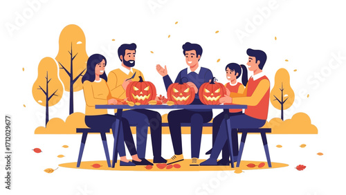Halloween Carving Fun: A family gather around a table, immersed in the festive Halloween spirit. with the iconic carved pumpkins and expressions of creativity