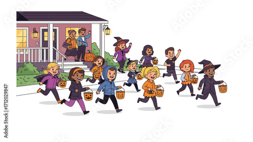 Halloween Adventure: A group of kids dressed in costumes run along a street in front of a house, gathering for halloween festivities and adventures.