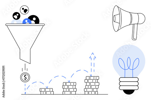 Funnel with customer icons converting to coins, stacked coins illustrating growth, light bulb for innovation, and megaphone for promotion. Ideal for marketing, sales strategy, ROI, lead conversion