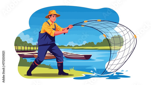 Fishing in the serene waters: a fisherman expertly casts his net. Capturing a scene of the fisherman in action, a blend of precision, nature and activity.