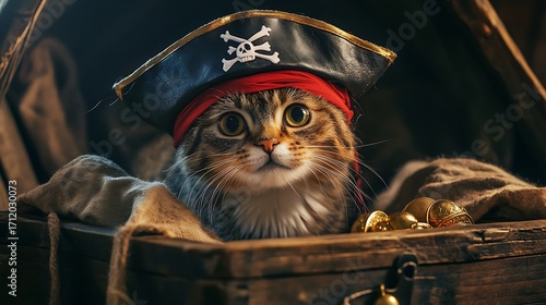 Pirate Cat with Treasure Chest – Funny Adventure Illustration
