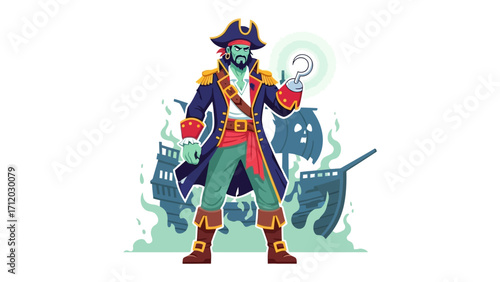 Captain's Swagger: A menacing pirate captain stands resolute, embodying the spirit of adventure, with a detailed ship in the background, and a menacing aura.
