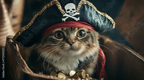Pirate Cat with Treasure Chest – Funny Adventure Illustration