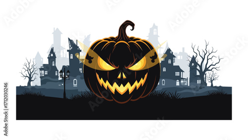 Spooky Halloween Pumpkin: A grinning jack-o'-lantern watches over a mysterious, silhouetted town on Halloween night. evoking the thrill and eerie ambiance