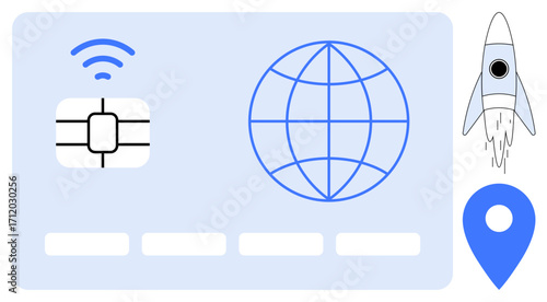 Microchip, internet globe, pin location, wireless symbol, and rocket, showcasing connectivity, innovation, navigation and exploration. Ideal for tech networking global reach digital