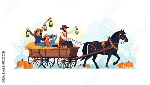 Autumn Ride: A family wagon ride, drawn by a strong horse, evokes feelings of warmth and closeness as they journey through a harvest setting. Lanterns illuminate the scene. 