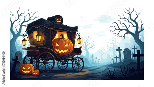 Spooky Halloween Carriage: A haunted carriage carrying jack-o'-lanterns travels through a spooky graveyard scene, creating an eerie and atmospheric experience. 
