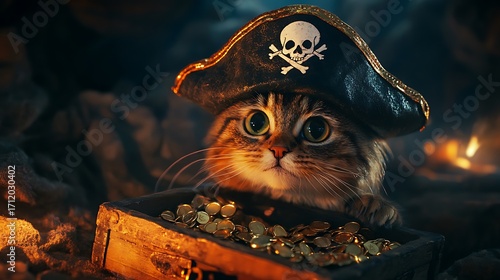 Pirate Cat with Treasure Chest – Funny Adventure Illustration