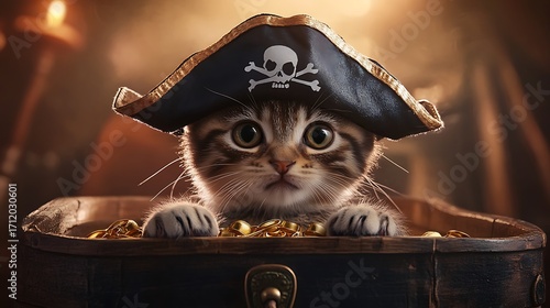 Pirate Cat with Treasure Chest – Funny Adventure Illustration