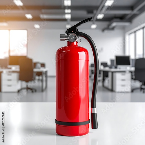 Red fire extinguisher in modern office