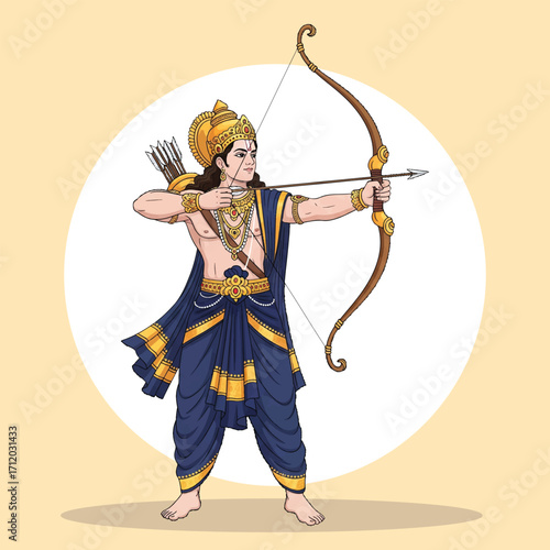 Epic Lord Rama Illustration with Bow and Arrow in Royal Blue Attire – Hindu Mythology Character Design