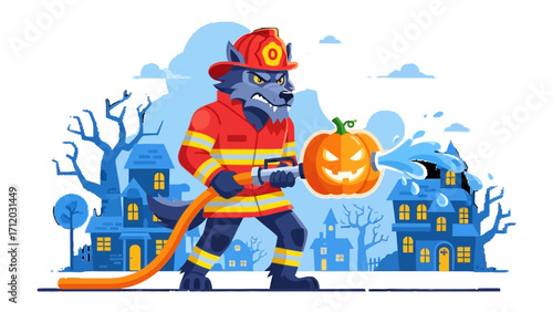 Heroic Halloween Defender: A courageous firefighter wolf in his attire, fearlessly battling a fiery, grinning jack-o'-lantern in front of ominous houses, embodying the spirit of Halloween defense.