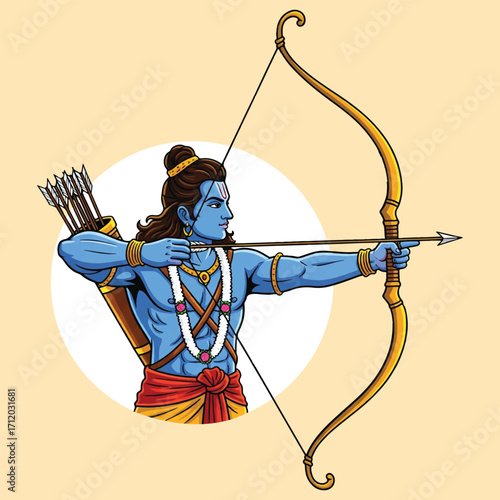 Lord Rama with Bow and Arrow – Blue-Skinned Hindu God Illustration in Epic Ramayana Style