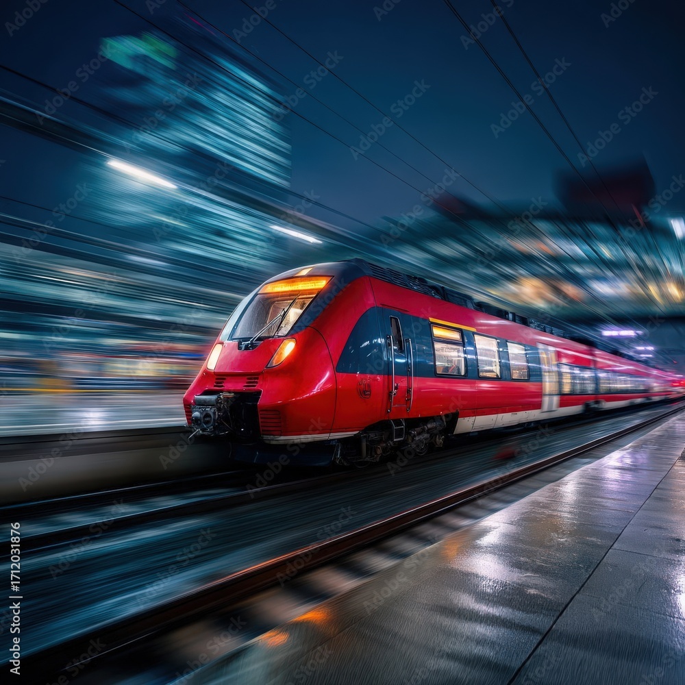 Fototapeta premium A red train moves swiftly along the tracks at night. The scene is illuminated by city lights and reflects a modern urban environment.