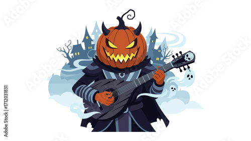 Spooky Tunes: A haunting Halloween illustration of a devilish pumpkin-headed figure serenading on a mandolin. It evokes the eerie ambiance and whimsical fun of the holiday.