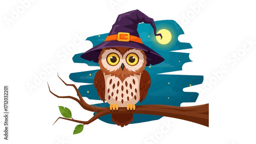 Spooky Night Owl: A wise owl adorned with a pointed witch hat perched serenely on a sturdy branch under a twinkling night sky, capturing the essence of a magical Halloween evening.