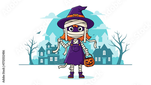 Enchanting Halloween Mummy: A cute child dressed as a mummy, smiling happily and holding a pumpkin lantern, against a whimsical, stylized spooky town. 