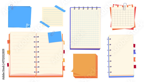 Notes pages reminder. Bulletin paper, lined list set, notebook office or school blank notebook for homework and exercises. Sticky stickers reminders, notebook clippings, stationery, planner, 