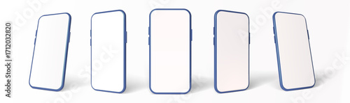 Realistic 3d blue smartphone mockup. Modern mobile device with blank screen. Vector template for app design, advertising, ecommerce, technology and digital presentation