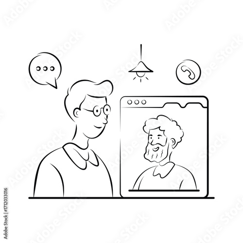 Online business meeting illustration showing video conferencing, hand drawn vector