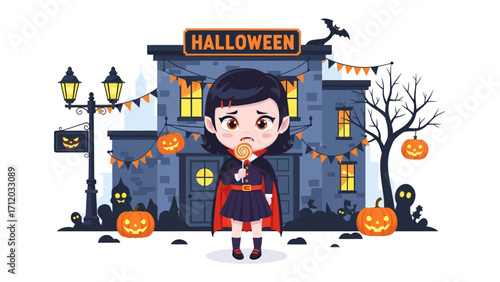 Halloween night view: A cute vampire girl stands with a lollipop in front of a haunted house, celebrating Halloween atmosphere.