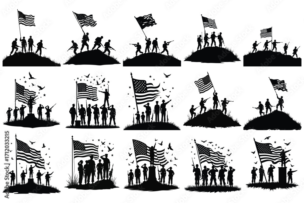 Fototapeta premium Silhouettes of soldiers raising American flags on hills 3