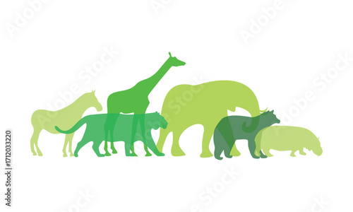 A group of different wild animal silhouettes, including a giraffe, elephant, and big cat, are arranged in a row. They are shown in varying shades of green, creating a simple and graphic illustration.