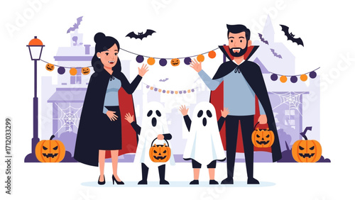 Happy Halloween Family in Costumes: A festive Halloween scene featuring a family dressed in costumes, standing in front of a decorated house with pumpkins and other Halloween decorations.