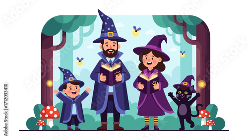 Wizarding Family's Magical Reading: A heartwarming illustration showcases a wizarding family engrossed in the pages of spellbooks, surrounded by enchanted forest elements.